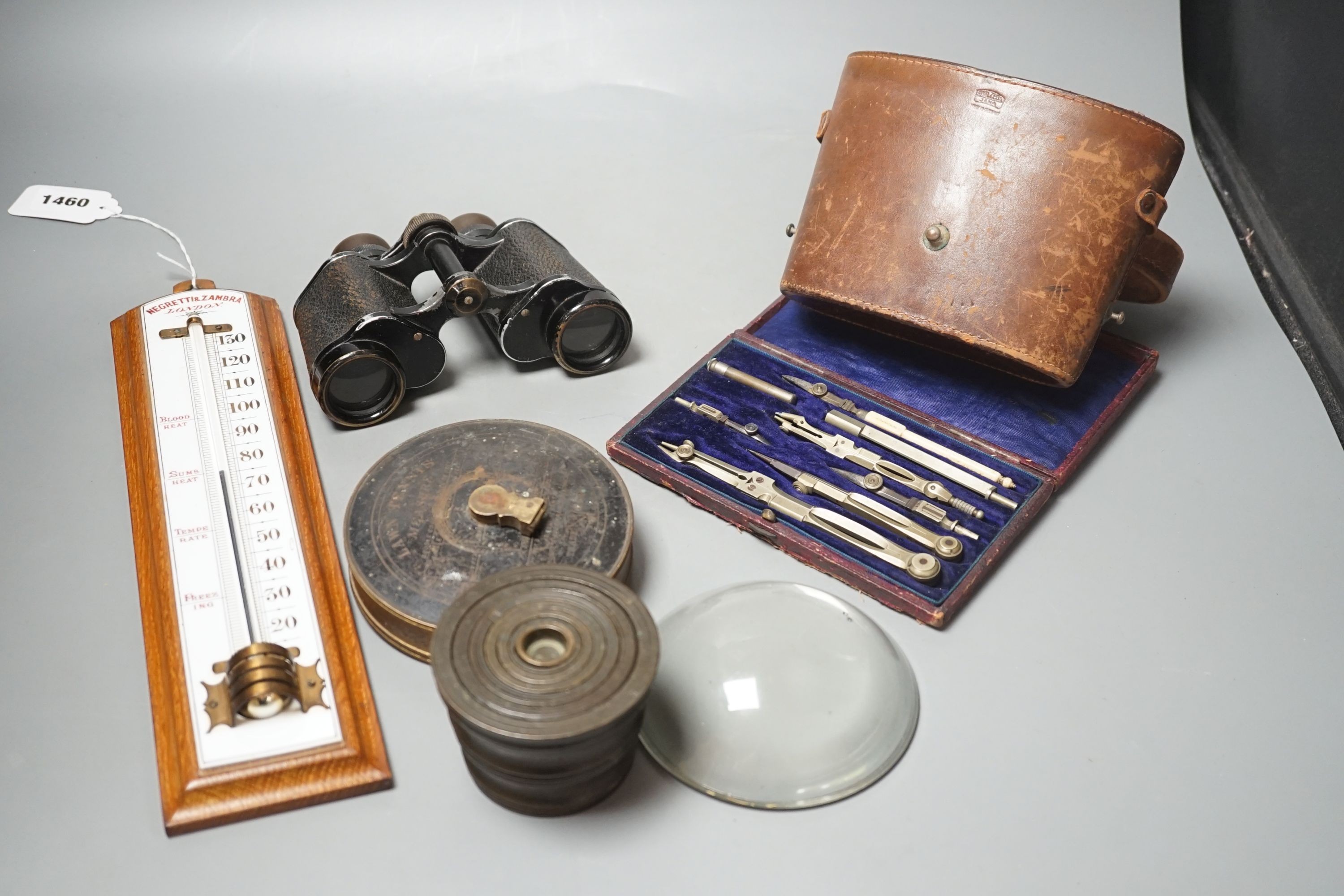 Cased drawing instruments, binoculars, weights, Lawn Tennis tape etc. including a Negretti and Zambra thermometer